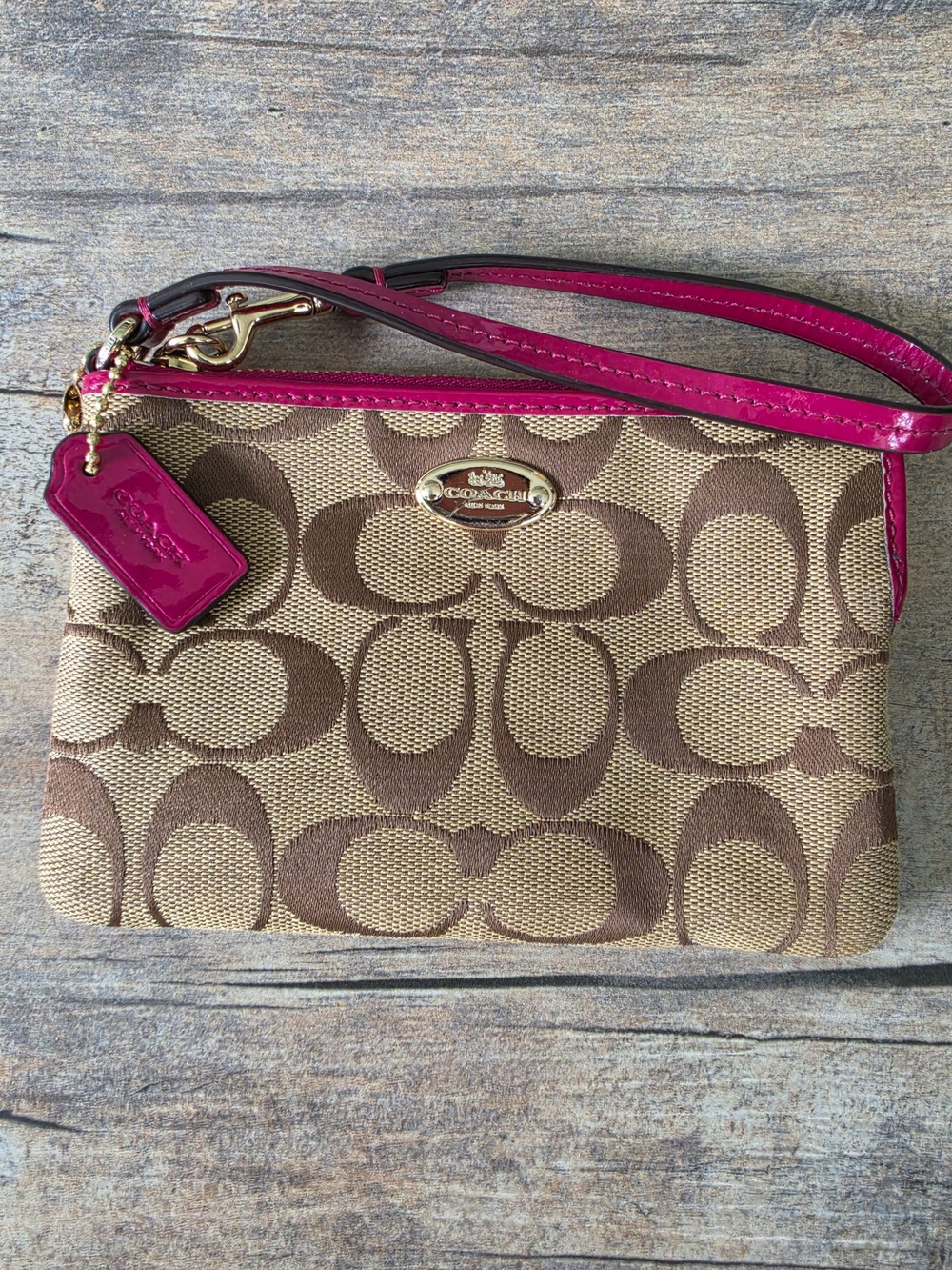 Coach Signature Canvas Wristlet in Brown with Magenta Trim